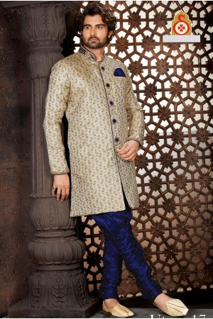 Designer Cream Navy Blue Indo Western Sherwani1